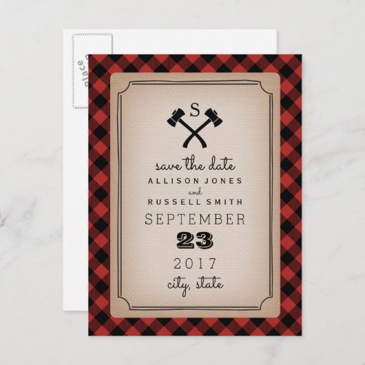 Carte Postale Faire-part Lumberjack Plaid Monogramme Ax Enregistrer La Date (Devant / Derrière)