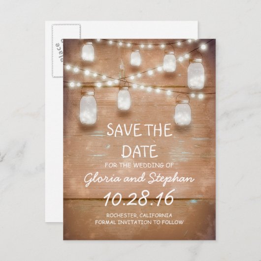 Carte Postale Faire-part lumières & bocaux de mason rustique ENREGISTRER LA (Devant / Derrière)