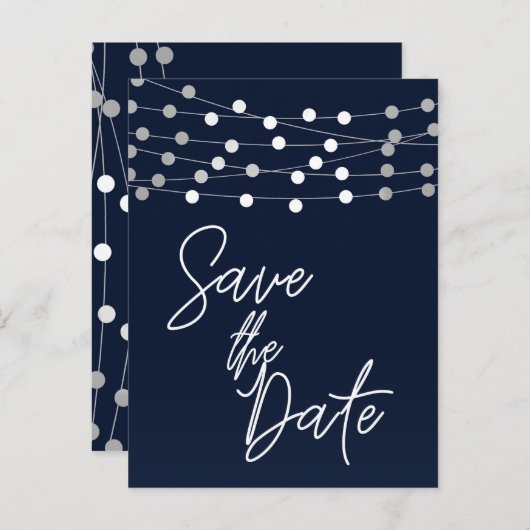 Carte Postale Faire-part Lumières de chaîne bleues Écriture moderne Enregis (Devant / Derrière)