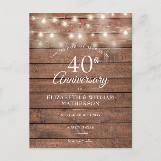 Carte Postale Faire-part Lumières de chaîne de 40e anniversaire Bois Enregi (Devant)