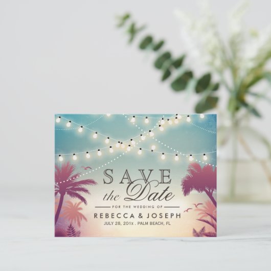 Carte Postale Faire-part Lumières de chaîne de Palm Beach Mariage Enregistr (Debout devant)