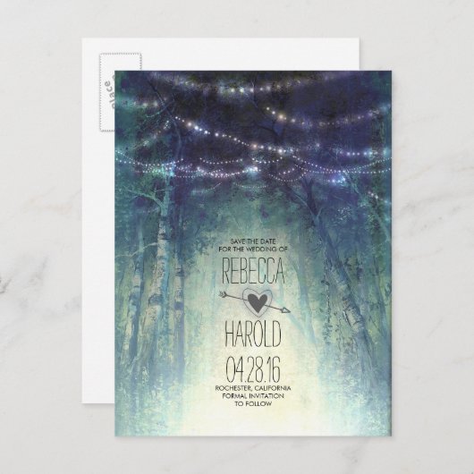 Carte Postale Faire-part Lumières de forêt enchantée Enregistrer la date (Devant / Derrière)