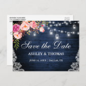 Carte Postale Faire-part Lumières de jarre florale rose en bois bleu Enregi (Devant / Derrière)