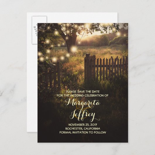 Carte Postale Faire-part lumières de nuit romantique rustique enregistrer l (Devant / Derrière)