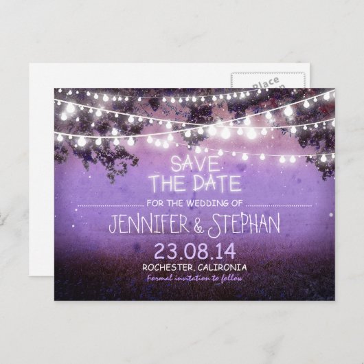 Carte Postale Faire-part lumières de nuit violet romantique enregistrer la  (Devant / Derrière)