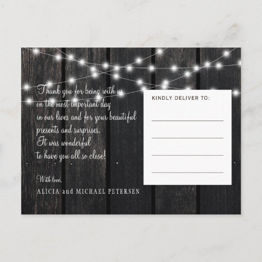 Carte Postale Faire-part Lumières d'hiver grange bois photo mariage merci (Dos)