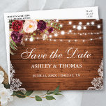 Carte Postale Faire-part Lumières en bois rustique dentelle florale Enregis<br><div class="desc">Bois rustique Lights Lace Aquarelle Bourgogne Floral Enregistrer la date Carte postale - Imprimé Retour</div>