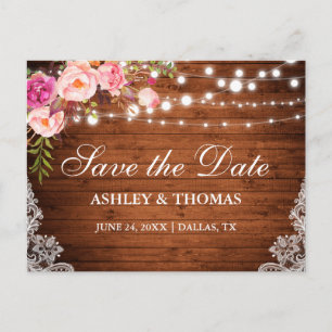 Carte Postale Faire-part Lumières en bois rustique dentelle rose florale En
