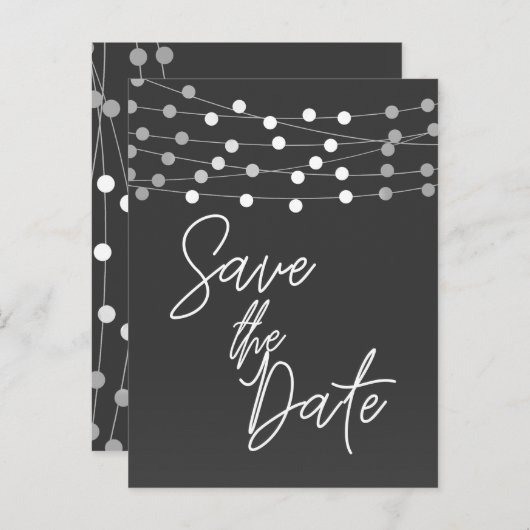 Carte Postale Faire-part Lumières Guirlandes Grises Écriture Moderne Enregi (Devant / Derrière)