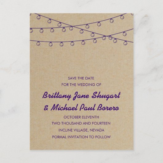 Carte Postale Faire-part Lumières Rustiques Violet Enregistrer la Date (Devant)