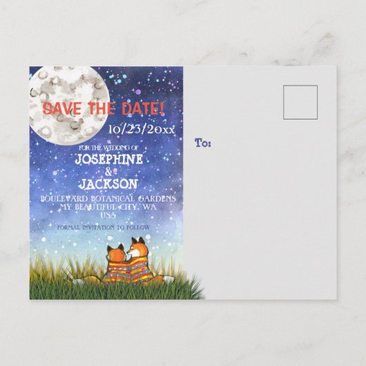 Carte Postale Faire-part Lune Étoilée Renard Bleu Unique Enregistrer la Dat (Dos)