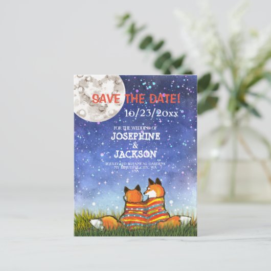 Carte Postale Faire-part Lune Étoilée Renard Bleu Unique Enregistrer la Dat (Debout devant)