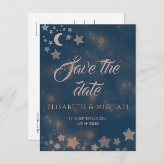 Carte Postale Faire-part Lune romantique céleste et calligraphie étoiles (Devant / Derrière)