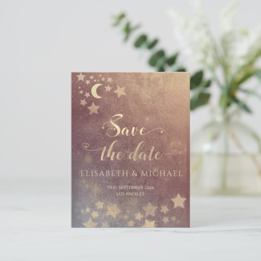 Carte Postale Faire-part Lune romantique céleste et étoiles calligraphie an (Debout devant)