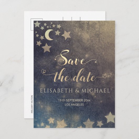 Carte Postale Faire-part Lune romantique céleste et étoiles calligraphie an (Devant / Derrière)