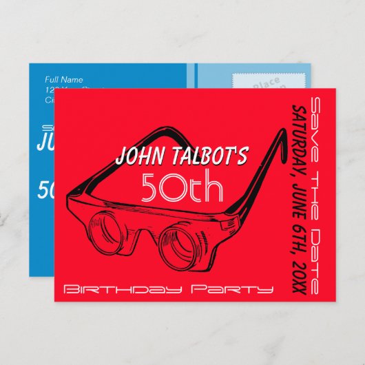 Carte Postale Faire-part Lunettes 3D 50e anniversaire Save the Date (Devant / Derrière)