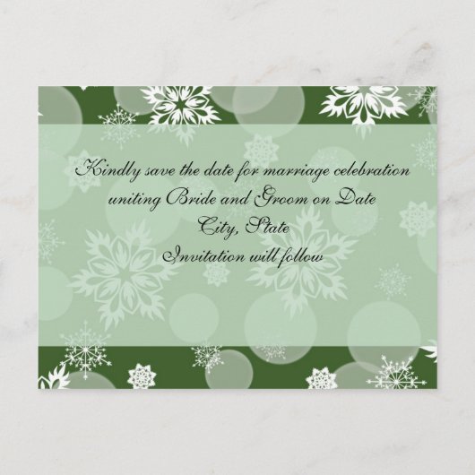 Carte Postale Faire-part Luxe Snowflakes Winter Green Save date card (Dos)