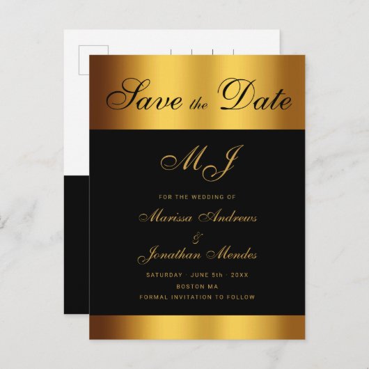 Carte Postale Faire-part Luxury Black Gold Script Wedding Enregistrer la da (Devant / Derrière)