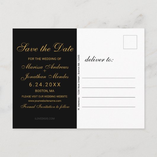 Carte Postale Faire-part Luxury Black Gold Script Wedding Enregistrer la da (Dos)