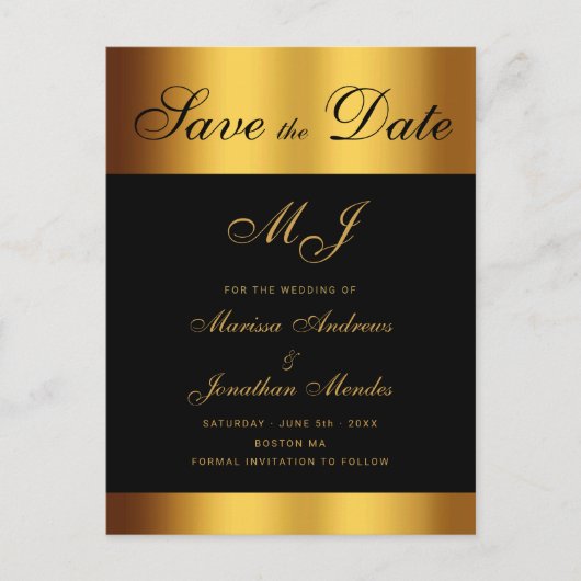 Carte Postale Faire-part Luxury Black Gold Script Wedding Enregistrer la da (Devant)