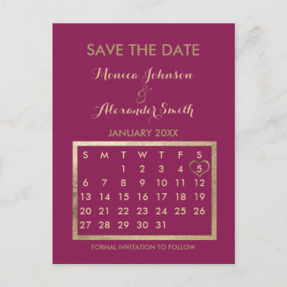 Carte Postale Faire-part Luxury Burgundy Gold Calendar Save the Date
