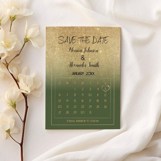 Carte Postale Faire-part Luxury Mint Gold Glitter Calendar Save the Date 