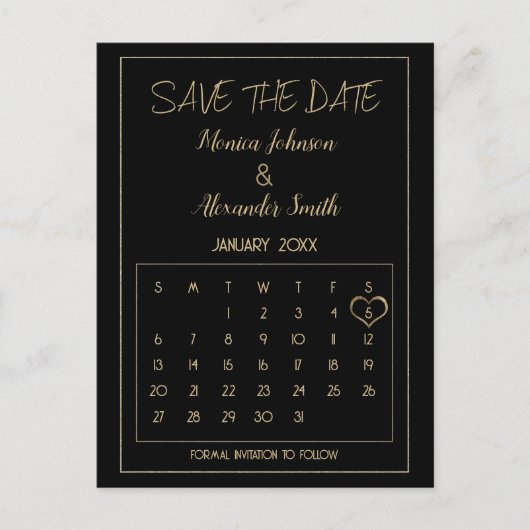 Carte Postale Faire-part Luxury Simple Black Gold Calendrier Enregistrer la (Devant)