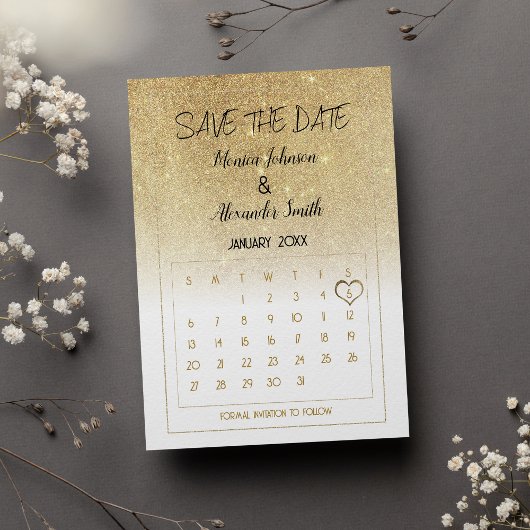 Carte Postale Faire-part Luxury White Gold Glitter Calendar Save the Date 