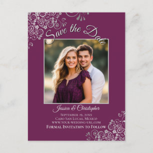 Carte Postale Faire-part Magenta Plum & Mariage Argent Enregistrer la date 
