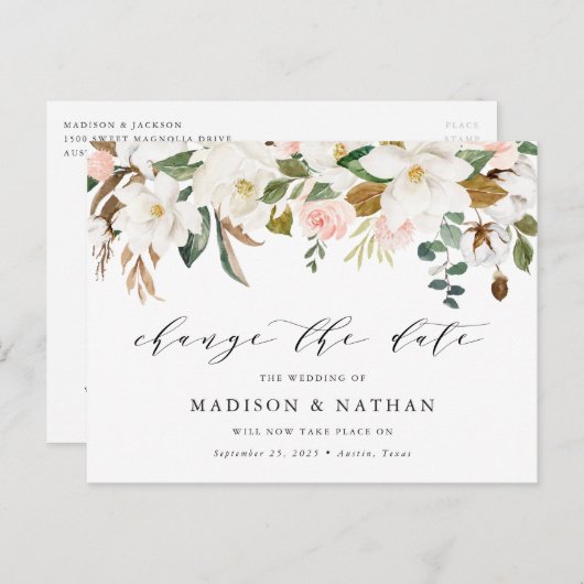 Carte Postale Faire-part Magnolia Report de date de mariage ajournée (Devant / Derrière)