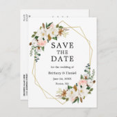 Carte Postale Faire-part Magnolias Roses Or Save The Date Aquarelle (Devant / Derrière)