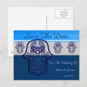 Carte Postale Faire-part Main de Hamsa avec cœur (Mariage) (Bleue) (Devant / Derrière)