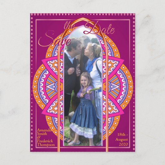 Carte Postale Faire-part Mandalas en Cerise rose, bleu et orange (Devant)