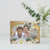 Carte Postale Faire-part Mandalas en or, cadre photo de roses blanches (Debout devant)