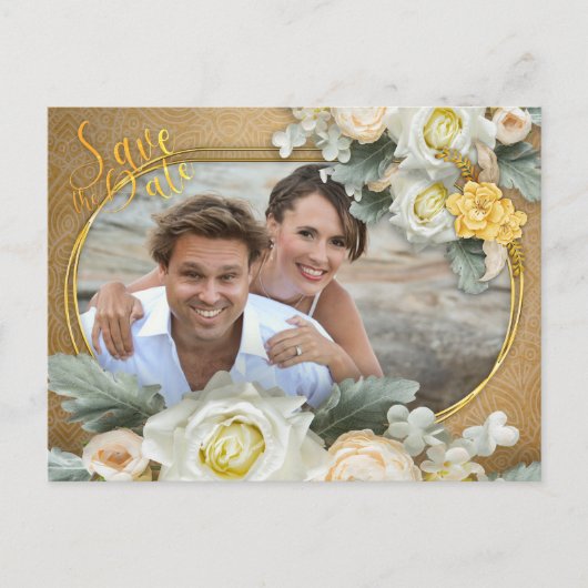Carte Postale Faire-part Mandalas en Or, cadre photo en roses blanches (Devant)