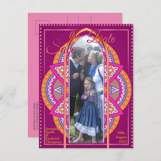 Carte Postale Faire-part Mandalas en rose cerise, bleu et orange (Devant / Derrière)