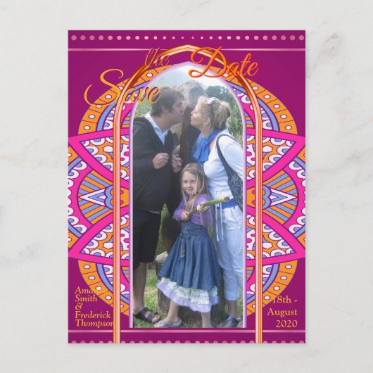 Carte Postale Faire-part Mandalas en rose cerise et motifs répétitifs assor (Devant)