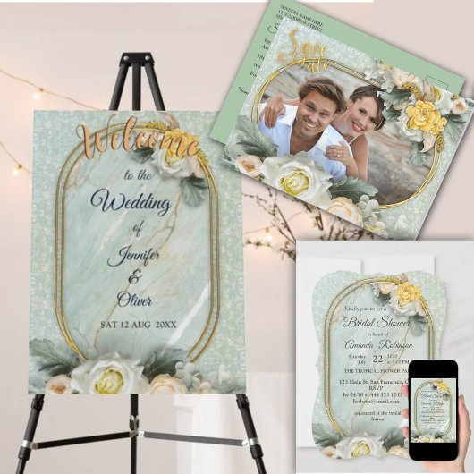 Carte Postale Faire-part Mandalas vert clair, jaune et blanc sans couture