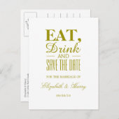 Carte Postale Faire-part Manger, Boire et Sauvegarder La Date Or Mariage (Devant / Derrière)