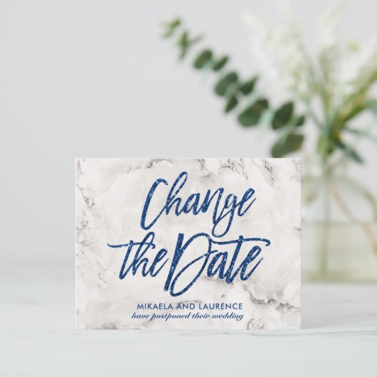 Carte Postale Faire-part Marble Marine Blue parties scintillant script modi (Debout devant)