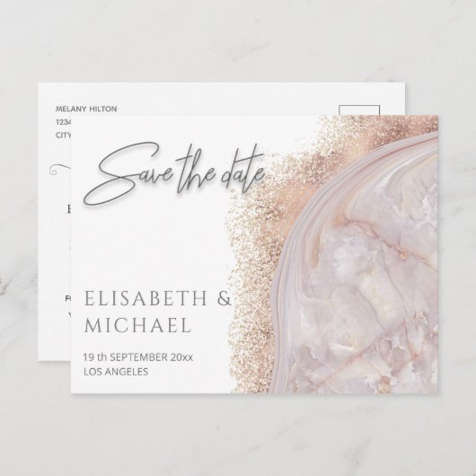 Carte Postale Faire-part Marbre agate or rose perle calligraphie (Devant / Derrière)