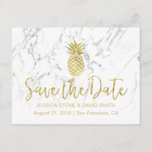Carte Postale Faire-part Marbre blanc d'ananas en or Mariage Enregistrer la