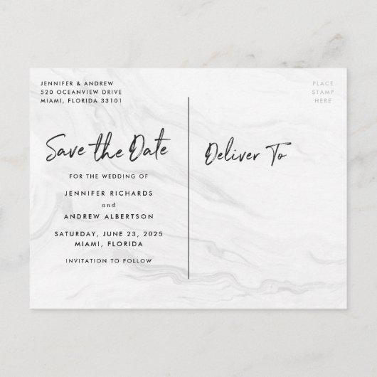 Carte Postale Faire-part Marbre blanc Moderne Rose Gold Script Enregistrer  (Dos)