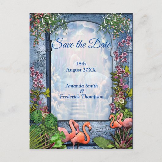 Carte Postale Faire-part Marbre bleu et Flamants roses roses (Devant)