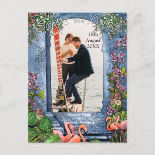 Carte Postale Faire-part Marbre bleu et Flamants roses roses