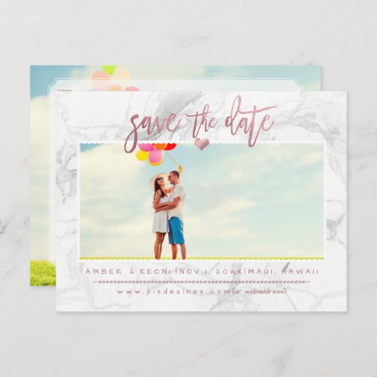 Carte Postale Faire-part Marbre Save the Date/Écriture Rose Gold Fausse (Devant / Derrière)