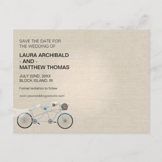 Carte Postale Faire-part Mariage à bicyclette en tandem Enregistrer la date (Dos)