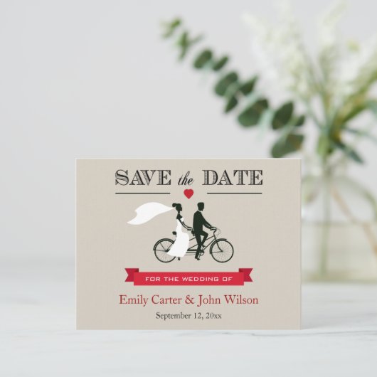Carte Postale Faire-part Mariage à bicyclette en tandem Enregistrer la date (Debout devant)