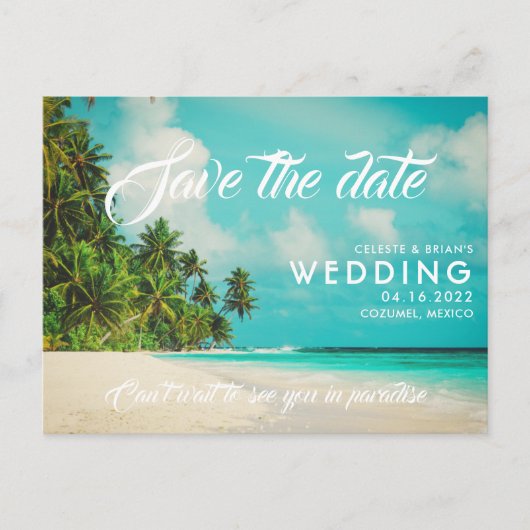 Carte Postale Faire-part Mariage à destination sur la plage paradisiaque En (Devant)