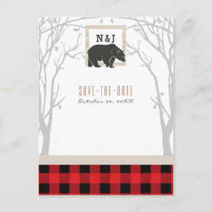 Carte Postale Faire-part Mariage à la Campagne Ours Rouge à Carreaux Bois E